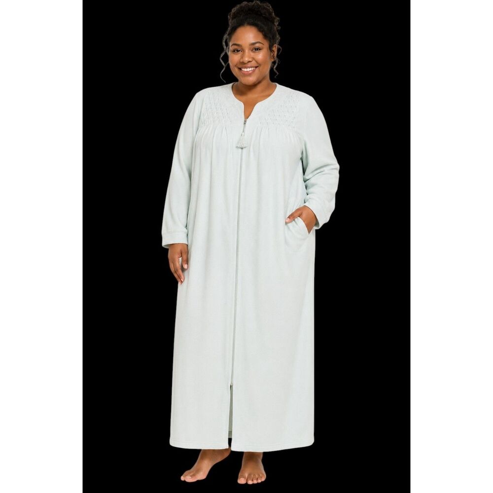 MISS ELAINE Plush Terry Maxi Length Zip-Front Lounge Robe Mint Green Sz XL